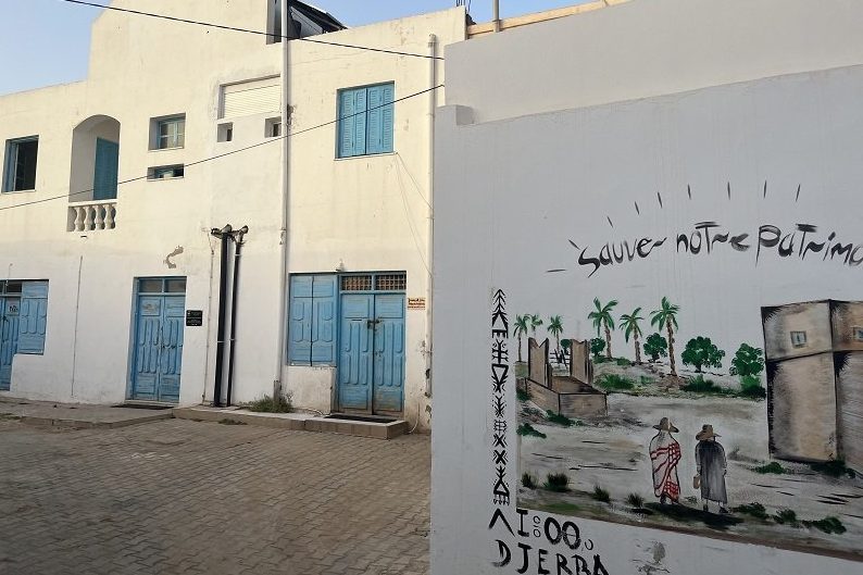 Blue doors in Tunisia alleyway 